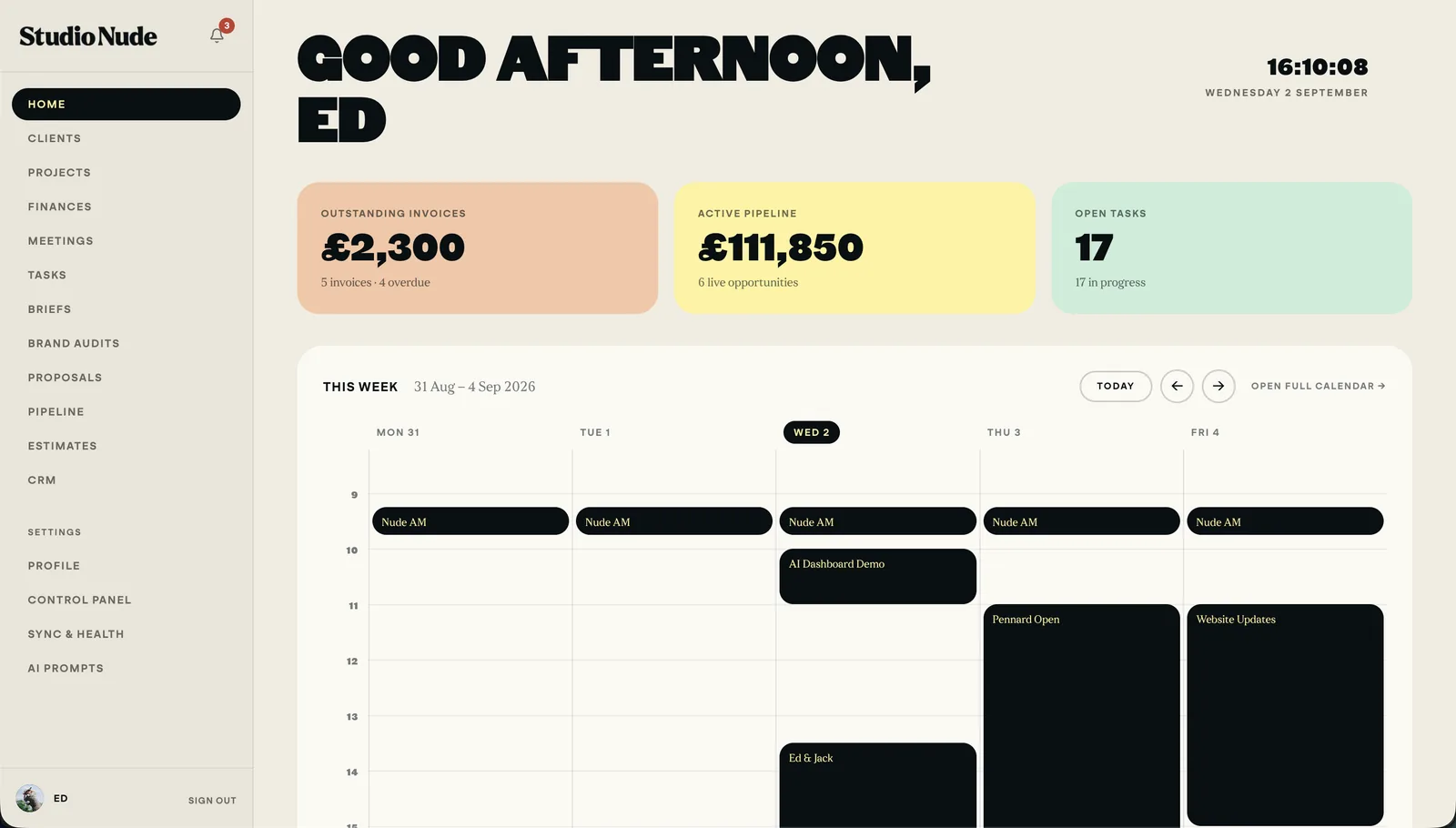 Studio Nude's own dashboard — clients, projects, finances and the week ahead in one place